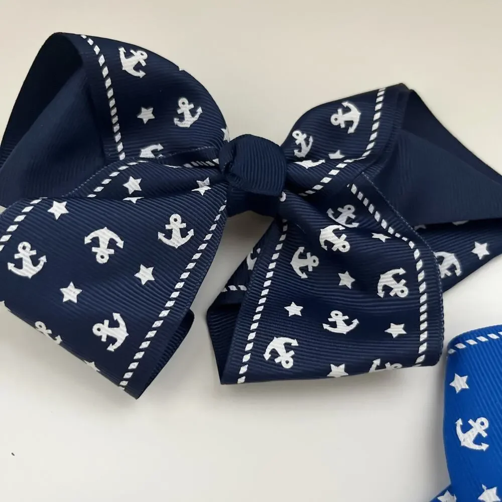 Lot Of 3 Ribbon Designed 6” Bow Clips Red Blue Light Blue Anchors Alligator